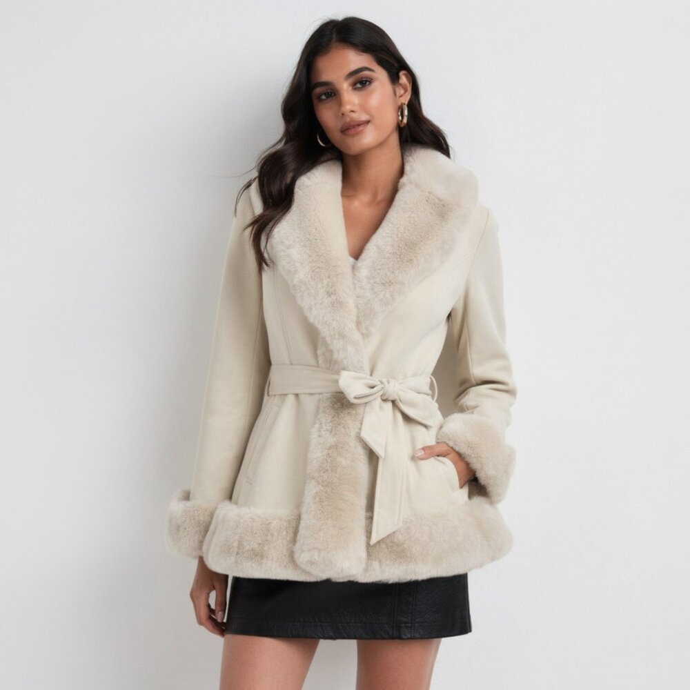 The SoHo Beig Peplum Jacket – Faux Leath Fur. The Urban Luxe Exclusive, NWT